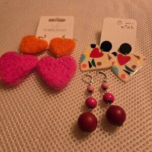 3 pairs of cute earrings, 2 hearts, very fun patterns & design, new from Market